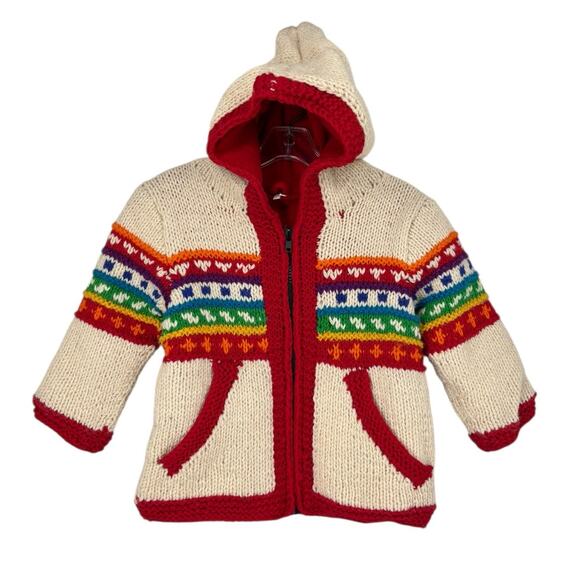 Hand Knit Sweater Kids Full Zip Hooded Fleece Lined Large Multicolor Pockets - Picture 1 of 9
